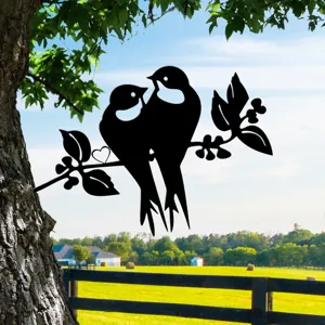 Metal bird tree branch garden stake silhouette outdoor iron art yard fence decor sculpture.