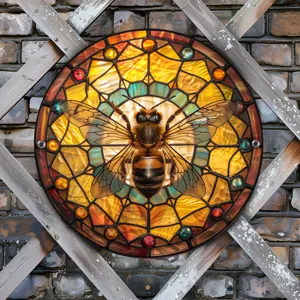 Colgante de pared de metal con diseno de abeja de vitral para decoracion de patio