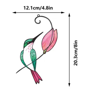 Detailed view of the metal hummingbird window hanging ornament showing dimensions clearly.