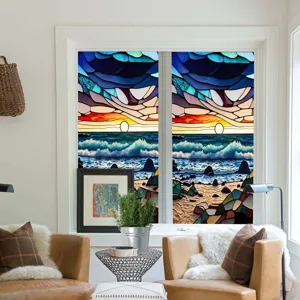 Sunset ocean stained glass window film static cling decorative privacy glass sticker.