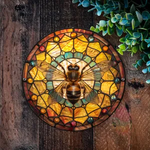 Decoración colgante de abeja de vidriera, arte de pared de metal para jardín y hogar.