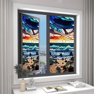 Detailed view of stained glass window film featuring ocean sunset wave design, static cling PVC.