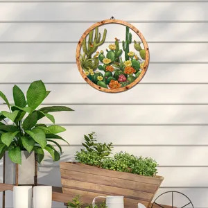 Round wooden wall art featuring cactus and flower details, perfect for modern home decor.