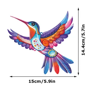 Colorful metal hummingbird wall hanging decor detail view showing bright painted surface.