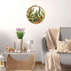 Wooden cactus wall hanging detail view, round frame decor for modern living room interior styling.