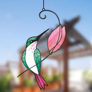 Stained glass style double-sided hummingbird hanging ornament for window garden home decor.