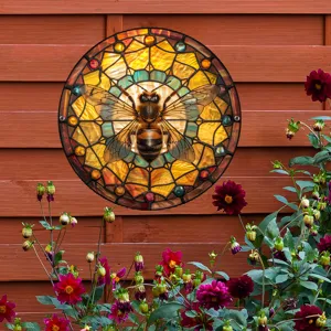 Placa colgante de jardín de abeja de vidriera arte de pared de metal para patio cerca de jardín
