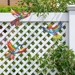 Colorful metal hummingbird wall art for outdoor garden fence hanging decoration and home yard decor.