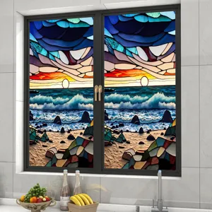 Static glass window film PVC removable window sticker sunset beach stained glass style detail view.