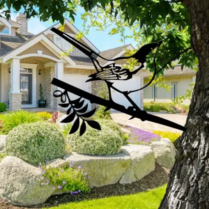 Metal bird tree silhouette garden art decor, perfect outdoor metal plugin for backyard landscaping.