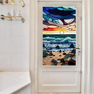 Detail shot showing the colorful stained glass beach window film applied on a clean white door.
