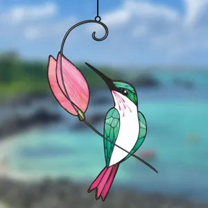 Stained glass hummingbird hanging ornament detail view, colorful window decor for home garden.