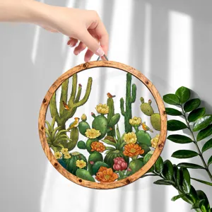 Wooden round wall hanging decor with transparent cactus botanical illustration detail view