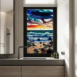 Stained glass window film decorative privacy PVC static cling sunset beach design for home