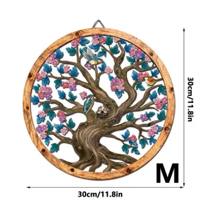 Round wooden metal wall art hanging with tree bird flower design home indoor decor 30cm
