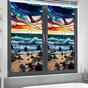 Stained glass window film sunset ocean landscape static cling decorative glass sticker for home