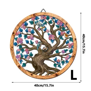 Wooden metal wall art hanging, round tree and birds floral design, size 40cm L decor.