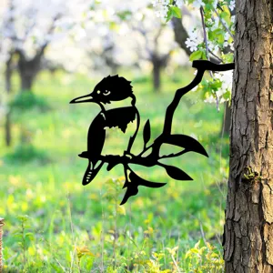 Metal black bird silhouette tree branch art garden decoration plug-in outdoor yard stake