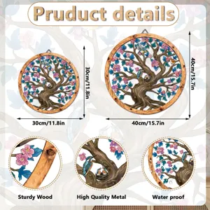 Wooden and metal wall art decor with bird and flower design, durable hanging plaque.