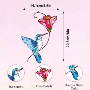 Detail view of double-sided metal hummingbird wall hanging ornament with translucent stained glass style.