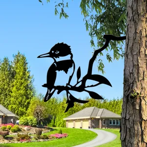 Metal bird tree silhouette garden stake outdoor decoration detail view close-up yard art display