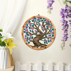 Round wooden frame metal wall art hanging with colorful flower and bird design for home.