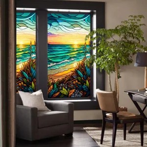Sunset beach stained glass window film static cling removable PVC window sticker privacy film