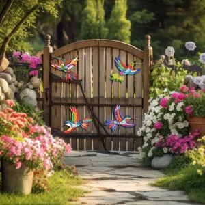 Metal hummingbird wall decor set of 4 colorful hanging garden fence outdoor ornaments.