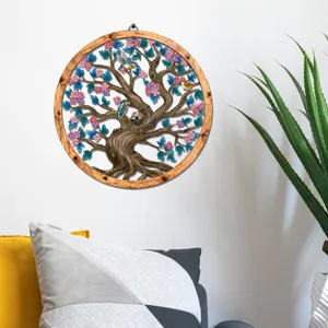 Exquisite wooden and iron wall hanging decor featuring intricate tree, bird, and floral design details.