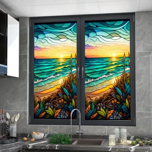 Colorful sunset beach window film, static cling PVC glass sticker for home decor.