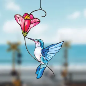 Exquisite metal stained glass hummingbird window hanging decor for home wall and garden art.