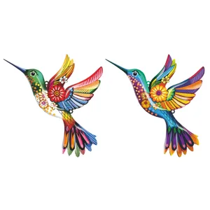 Vibrant metal hummingbird wall art hanging decor, colorful outdoor garden fence home ornament.