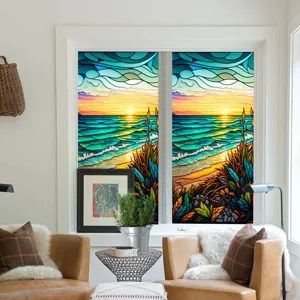 Detailed view of colorful sunset beach stained glass window film, static cling glass sticker.