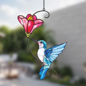 Stained glass hummingbird window hanging colorful metal flower wall art decor ornament 1pcs