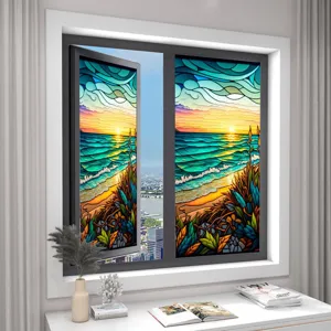 Stained glass window film sunset beach design static cling removable PVC glass sticker for home