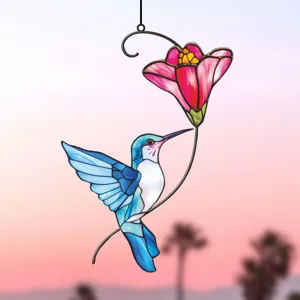 Stained glass hummingbird and flower hanging ornament, double-sided window decor detail view.