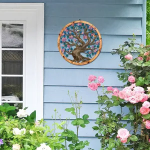 Wooden metal round wall hanging decor with tree and bird design for home garden decoration