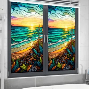 Sunset beach static window film PVC stained glass sticker for home privacy and decoration