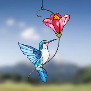 Stained glass hummingbird and flower window hanging suncatcher home decor pendant.