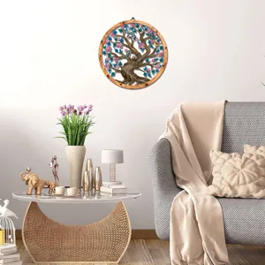 Wooden metal tree wall art hanging home decor round floral sculpture for living room.