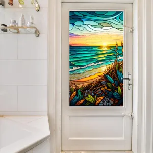 Detail view of the colorful sunset stained glass window film applied on a glass door.