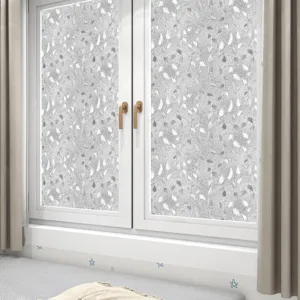 Matte raamfolie met zilveren bladerpatroon, statische privacyfolie voor glazen ramen thuis.
