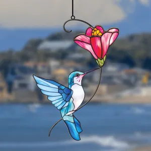 Stained glass hummingbird and flower window hanging suncatcher home wall art decor