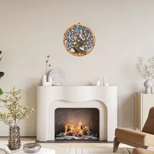 Detail view of the circular wood and metal wall art featuring a tree design for home decor.