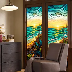 Sunset beach stained glass window film, PVC static cling privacy sticker for glass doors.