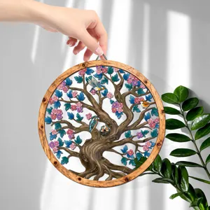 Wooden metal wall hanging art round floral tree bird decor for living room home decoration