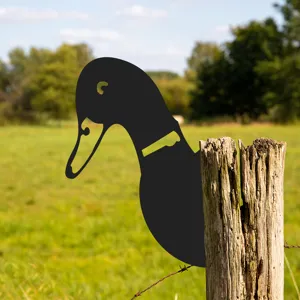 Metal duck silhouette garden stake, black iron art fence decoration for outdoor lawn and yard.