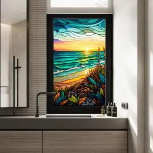 Close-up view of the colorful sunset stained glass window film installed on bathroom glass.