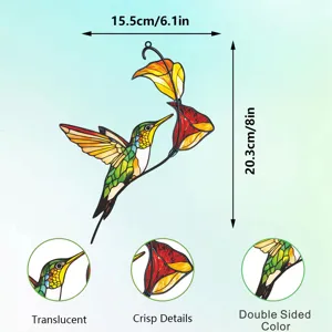 Detailed view of the stained glass double-sided hummingbird wall hanging decor ornament.