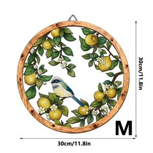 Wooden round wall hanging decor with lemon bird pattern, elegant floral home decoration.